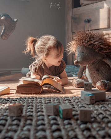Girl Reading with Toy